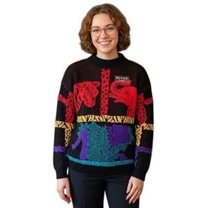 Vintage Custom Design Animal Intarsia Knit Sweater Tiger Elephant Dinosaur USA